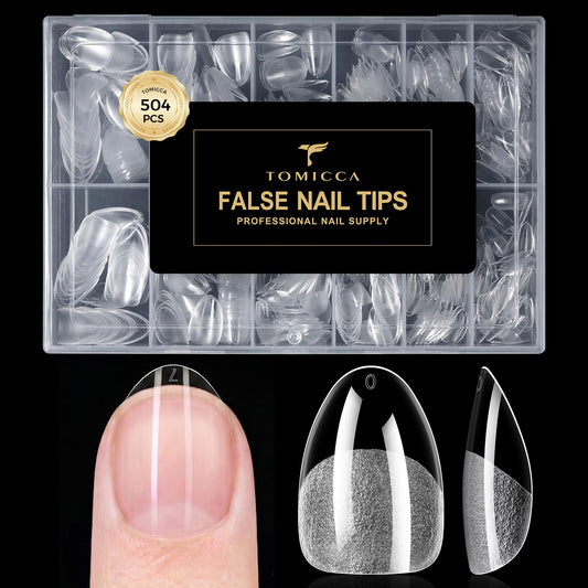 TOMICCA Extra Short Almond Nail Tips 504PCS, 12 Sizes Gel Nail Tips for Clear Fake Nails, Short Almond Nail Tips for DIY Salon, Gel Nail Extension Tips for Beginners & Nail Techs