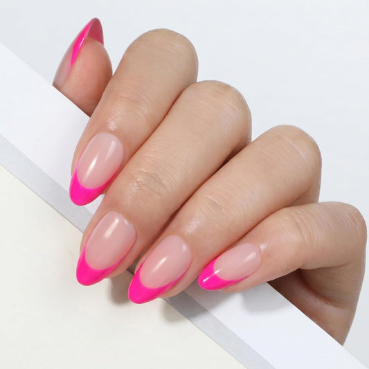UNA GELLA 32Pcs Soft Gel Press on Nails - 16 Sizes Hot Pink Summer French Tip Almond Glue on Nails, Reusable Neon Pink False Nails, Full Cover Acrylic Nail Kit for Women DIY Home Manicure