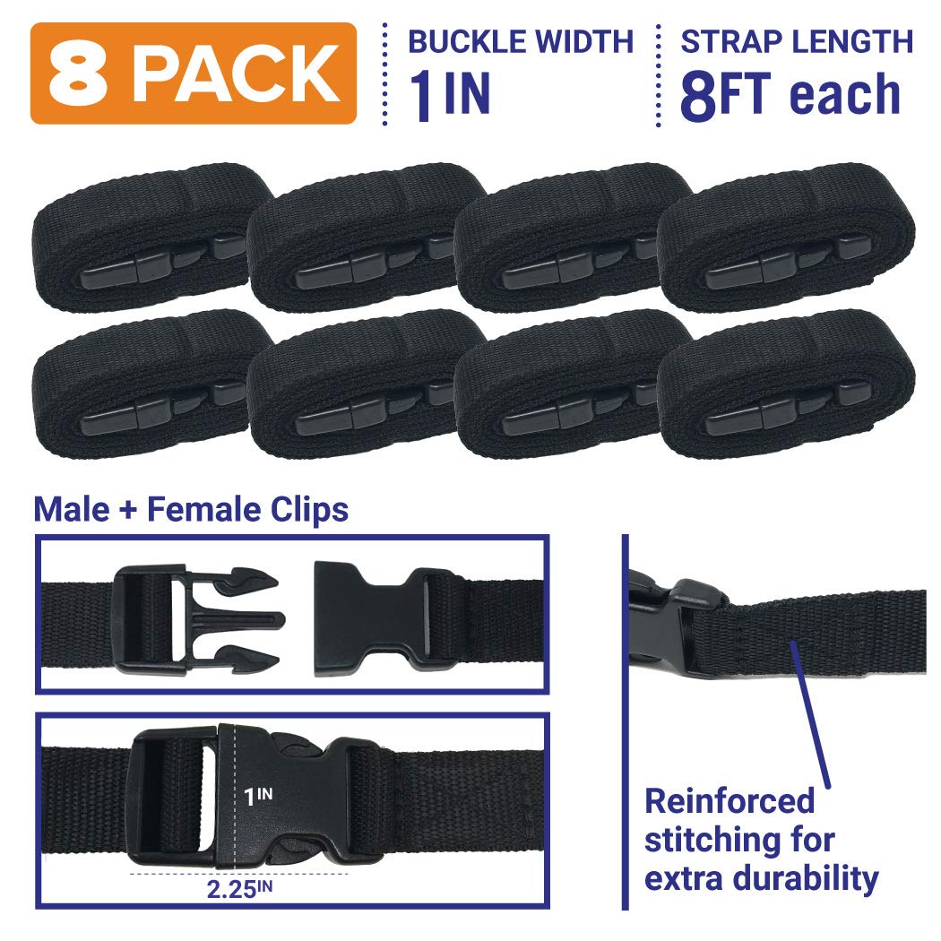 Boat Cover Straps, Adjustable Buckle, 8 Pack, 1" x 96"" Nylon Utility Straps with Quick Release Buckles"