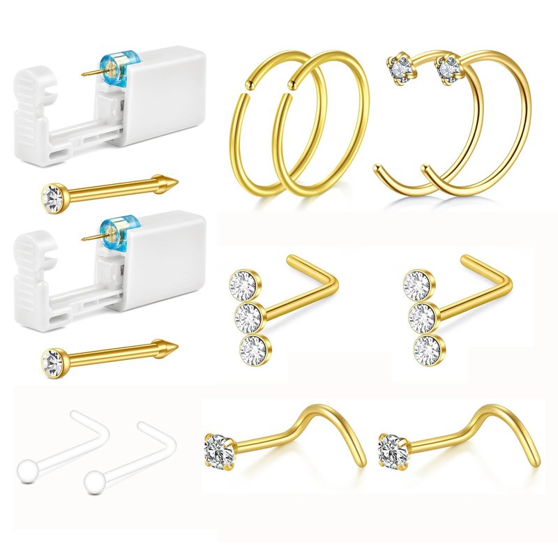 QWALIT 2pack Nose Ring Piercing Kit - Gold Nose Piercing Gun Kit