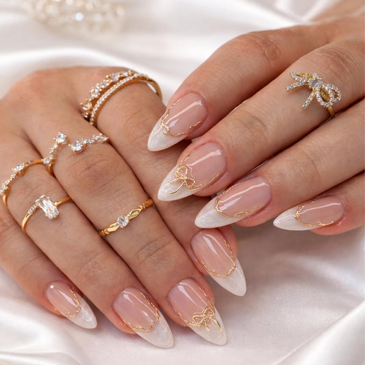Press On Nails Almond Short, Nude Pink & White Fake Nails with Gold Bow Design, Reusable Glossy Glue On Nails Set for Women