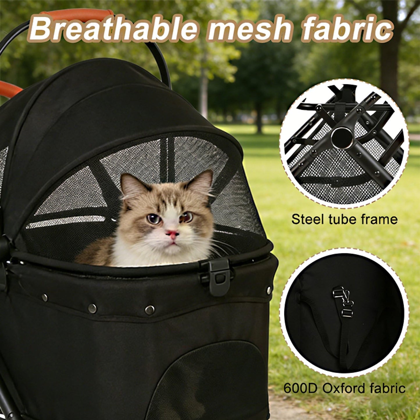 VRHOT Pet Stroller for Small Dogs and Cats, Detachable Dog Cat Stroller with All-Terrain Shock Absorbing Wheels, One-Click Foldable Design, Adjustable Canopy (Black)