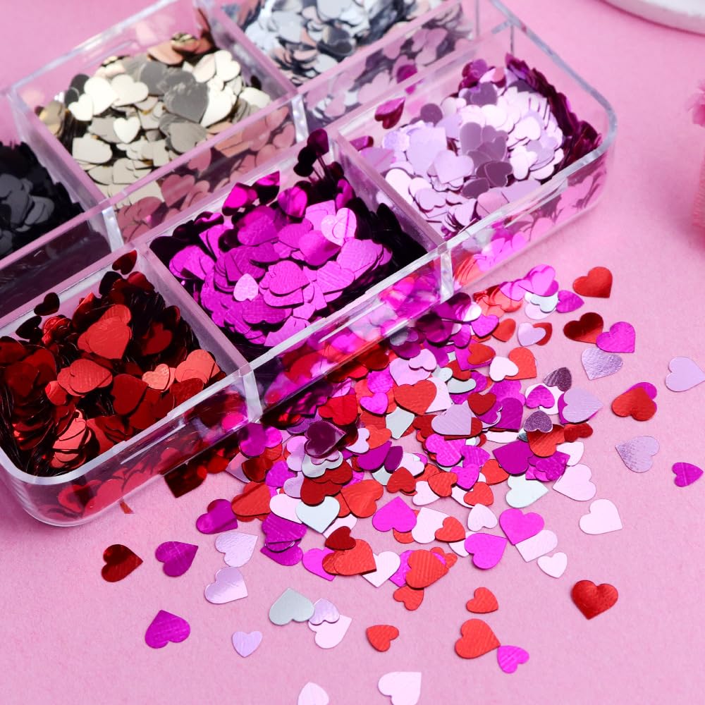 18Grids Valentine's Day Nail Art Glitter Sequins Kits 3D Heart Nail Glitters Valentine Nail Stickers Decal for Shining Flakes Red Pink Purple Heart Shaped Nail Design for Manicure Charms Decorations