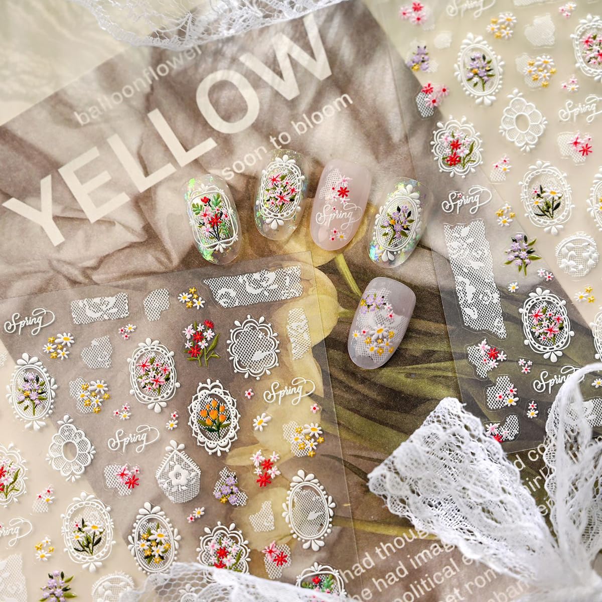 5D Embossed Nail Stickers Spring Summer Flower Nail Art Stickers Lace Frame & Floral Bouquet Nail Sliders Cute Self-Adhesive Nail Decals for Women Girls DIY Manicure, 1 Sheet