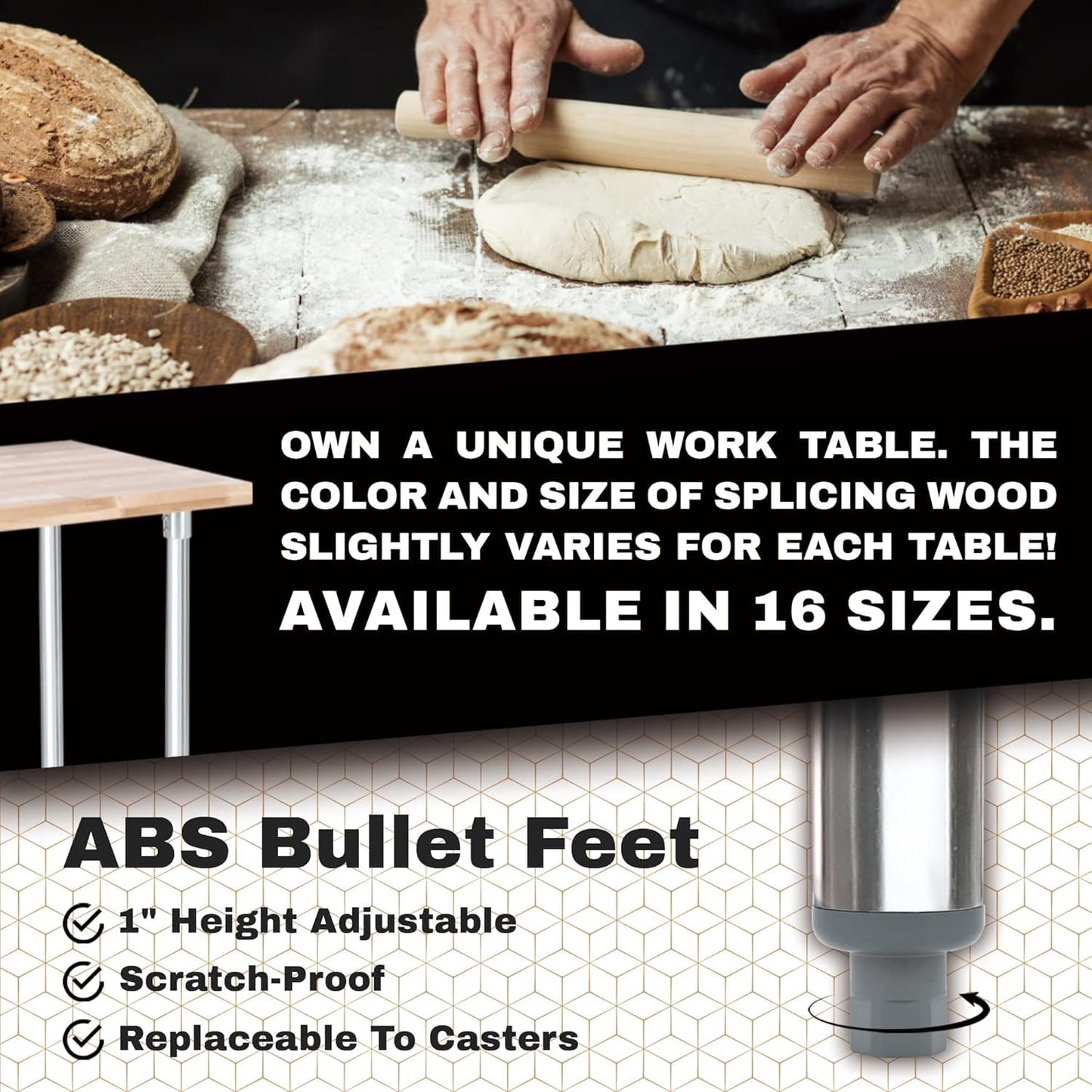 DuraSteel Butcher Block Counter Top - 24 x 36 x 34" Height with 4 Caster Wheels (2 Adjustable) - Kitchen, Side, Coffee, or Dining Table - Optional Base Leg Units, Natural Maple Slab Work Bench Top