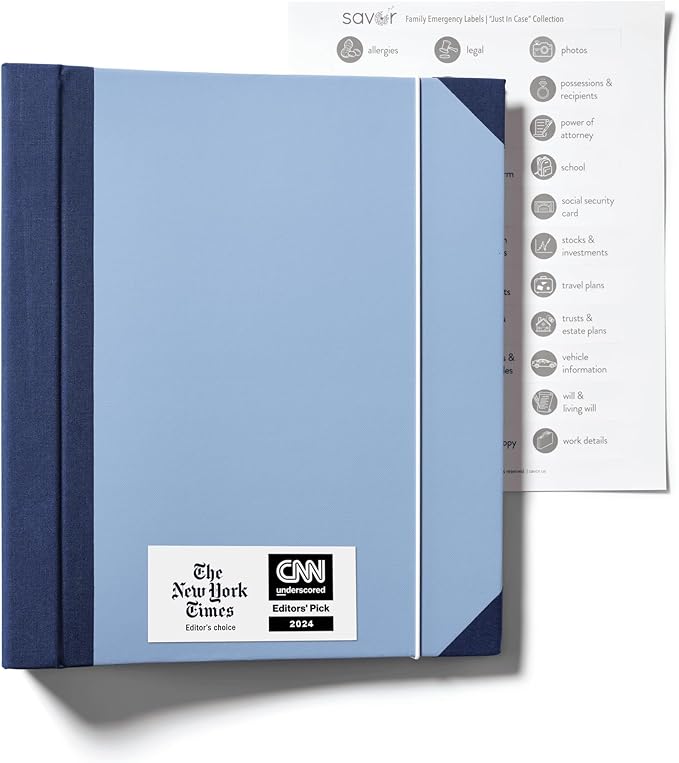 The Folio® Important Document Organizer by Savor | Binder with Guided Labels, Acid-Free File Folder with 10 Pockets for Home, Legal, Medical Papers | Mother’s Day Gift for Moms, Records Storage (Blue)