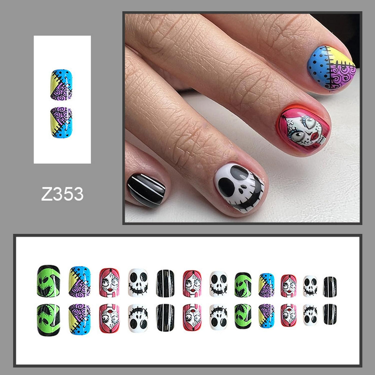 Halloween Press on Nails Square Short Fake Nails with Witch Patch Scary Face Designs Acrylic Stick on Nails Thriller Glue on Nails for Women Girls Party Cool Colorful Manicure24pcs