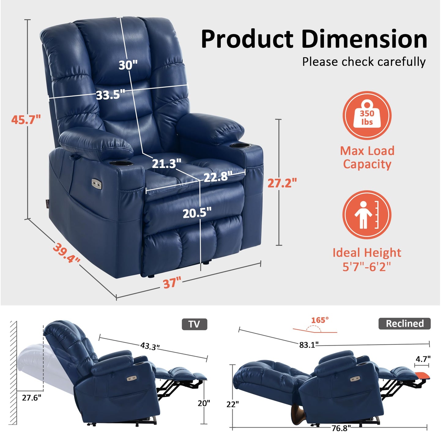 MCombo Large Triple Motor Power Lift Recliner Chair with Massage and Dual Heating, Adjustable Headrest for Tall Elderly People, Faux Leather 7634 (Blue, Large)