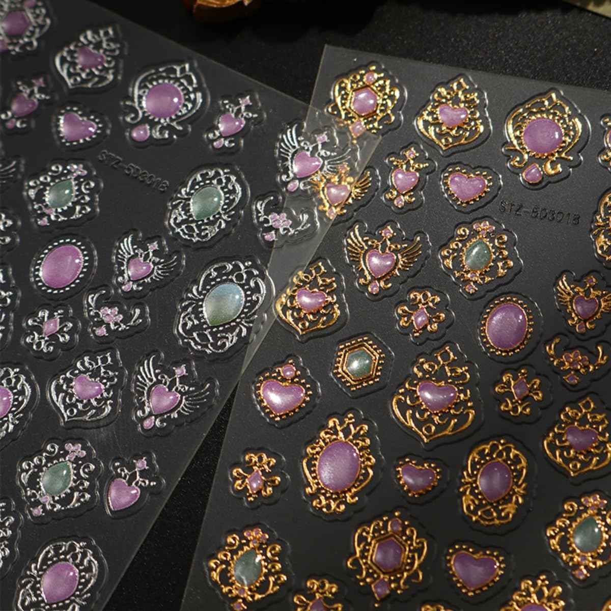 4 Sheets Flower Nail Art Stickers 5D Embossed Retro Floral Gemstone Nail Decals Gold Silver Carving Luxury Baroque-Style Scepter Self-Adhesive Nail Art Supplies for Women DIY Manicure Decoration