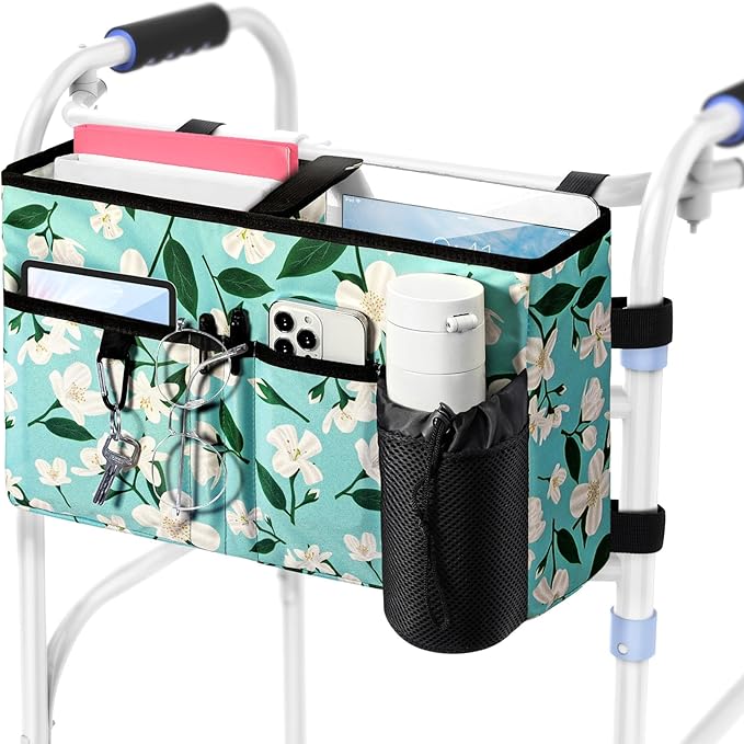 Rhino Valley Walker Bag, Secure Fit Walker Basket with Cup Holder, Large Capacity Foldable Walker Accessories for Seniors, Detachable Folding Walker Pouch Organizer for Older Elderly Gifts, Lily