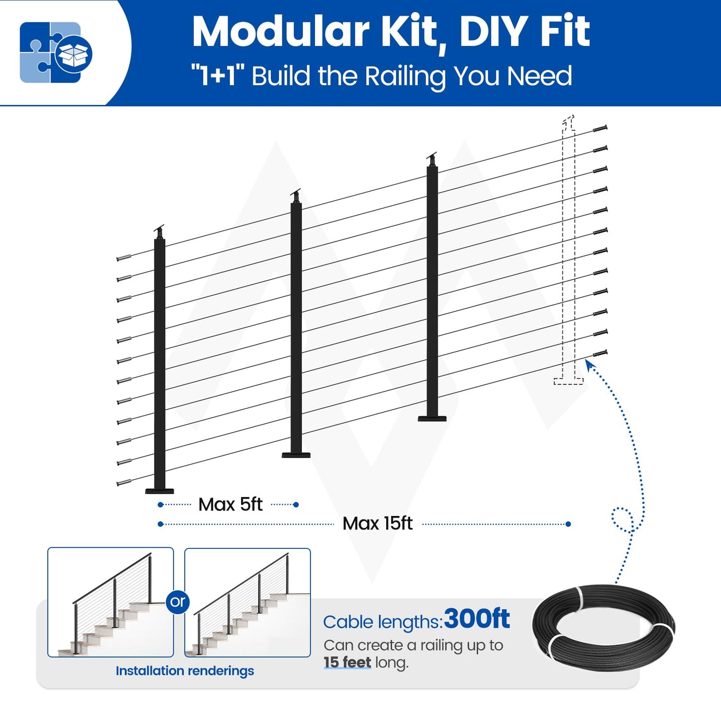 Muzata 10-15FT Modular Black Cable Railing Kit 42 Inch 3 Stair Post Kit Complete Set Cable Railing System for Stairs Length Adjustable Easy DIY with Paper User Guide (No Handrail) RWS1 BA4L