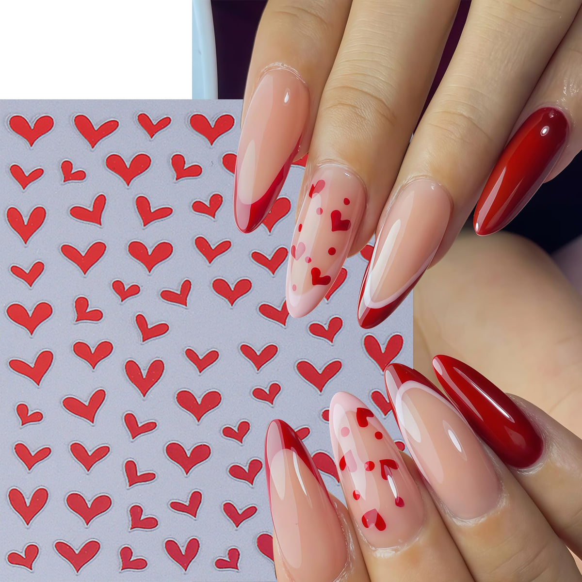 6 Sheets Heart Nail Stickers 3D Self-Adhesive Hearts Nail Decals Love Hollow Peach Heart Shaped French Nail Design Valentine French Sticker Nail Supplies for Women Valentine Holiday Nail Decoration