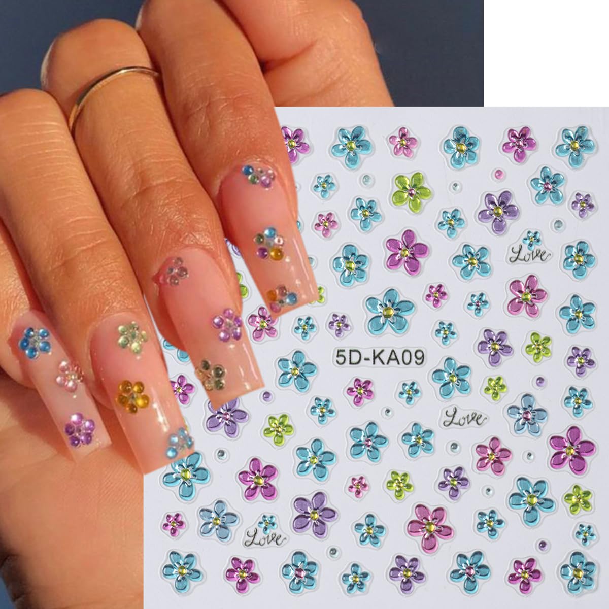 3Pcs Flower Nail Art Stickers 5D Embossed Summer Nail Decals Blue Green Pink Petal Flowers Designs Soft Gel Nails Sticker Spring Floral Self Adhesive Nail Art Supplies DIY Acrylic Nails Accessories