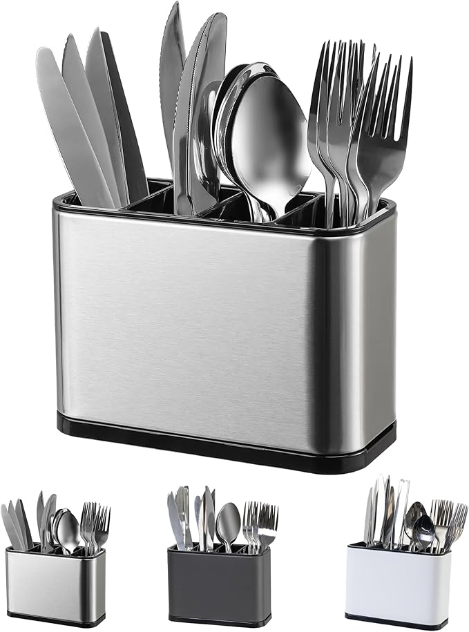 LIBODOUR Utensil Holder,Stainless Steel Caddy Counter,Spoon holder,4 Compartments Silverware Caddy,Capacity Flatware Spoon Fork Tool Cutlery Holderï¼Silveryï¼