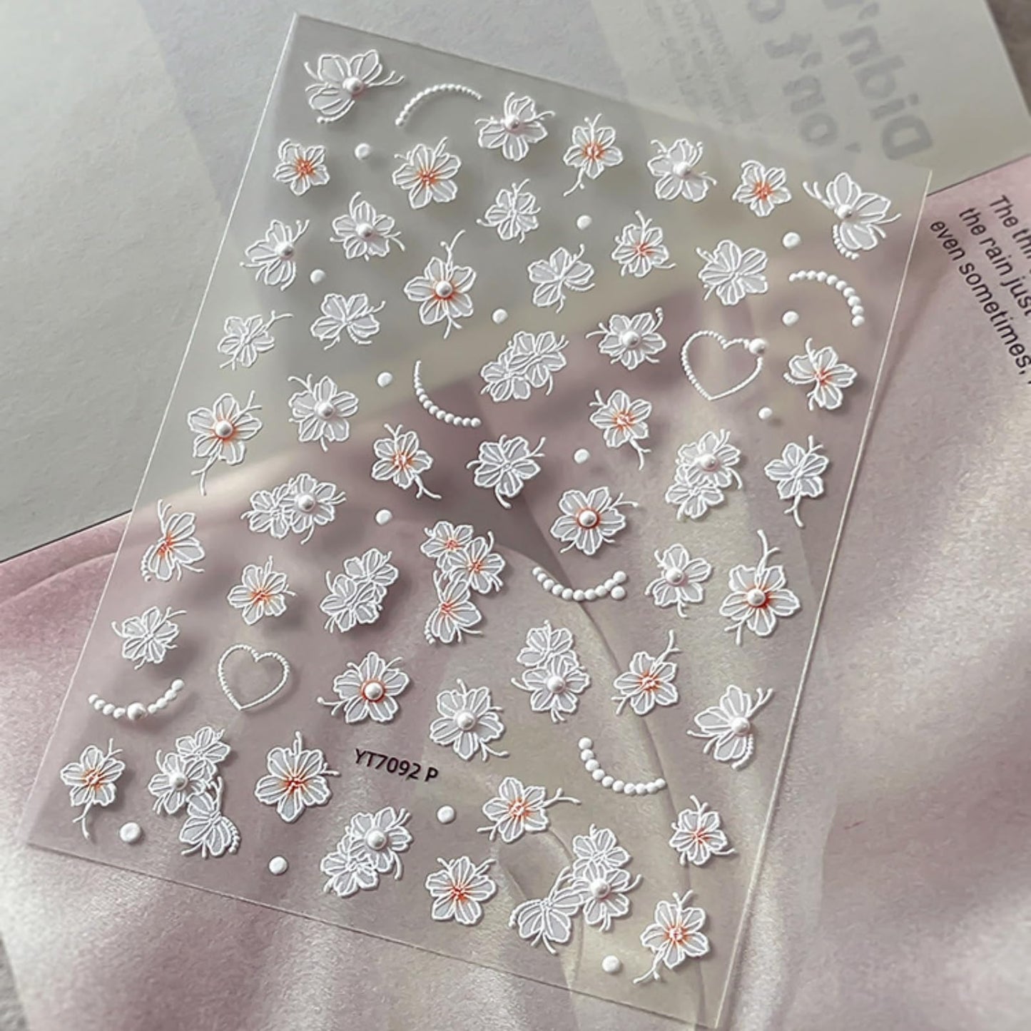 Flower Nail Stickers for Nail Art White Floral Nail Art Stickers 5D Embossed Self-Adhesive with Pearl Design Nails Charms Supplies for Women Girls