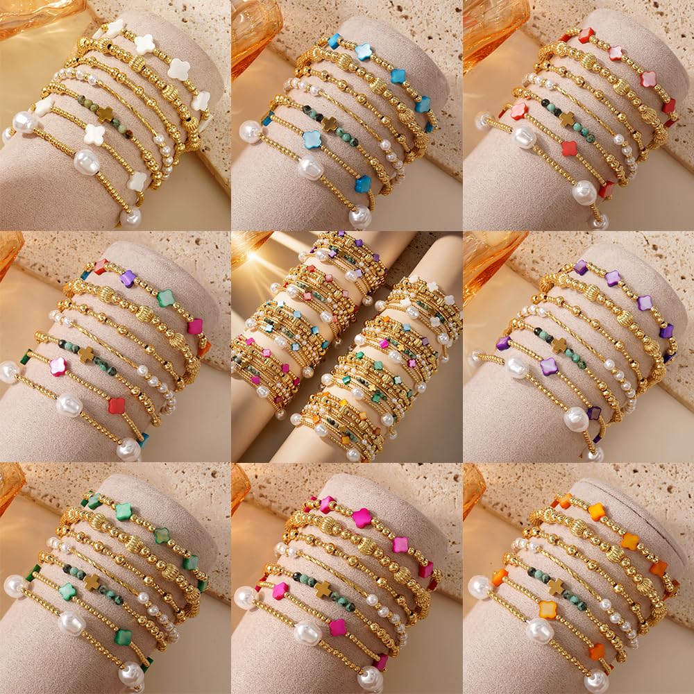 14K Gold Beaded Purple Clover Stackable Bracelets for Women,7PCS/Set Boho Cross Pearl Beads Stretch Bracelets Stack Fashion Holiday Birthday Prom Jewelry Accessories Gift Friendship Sister