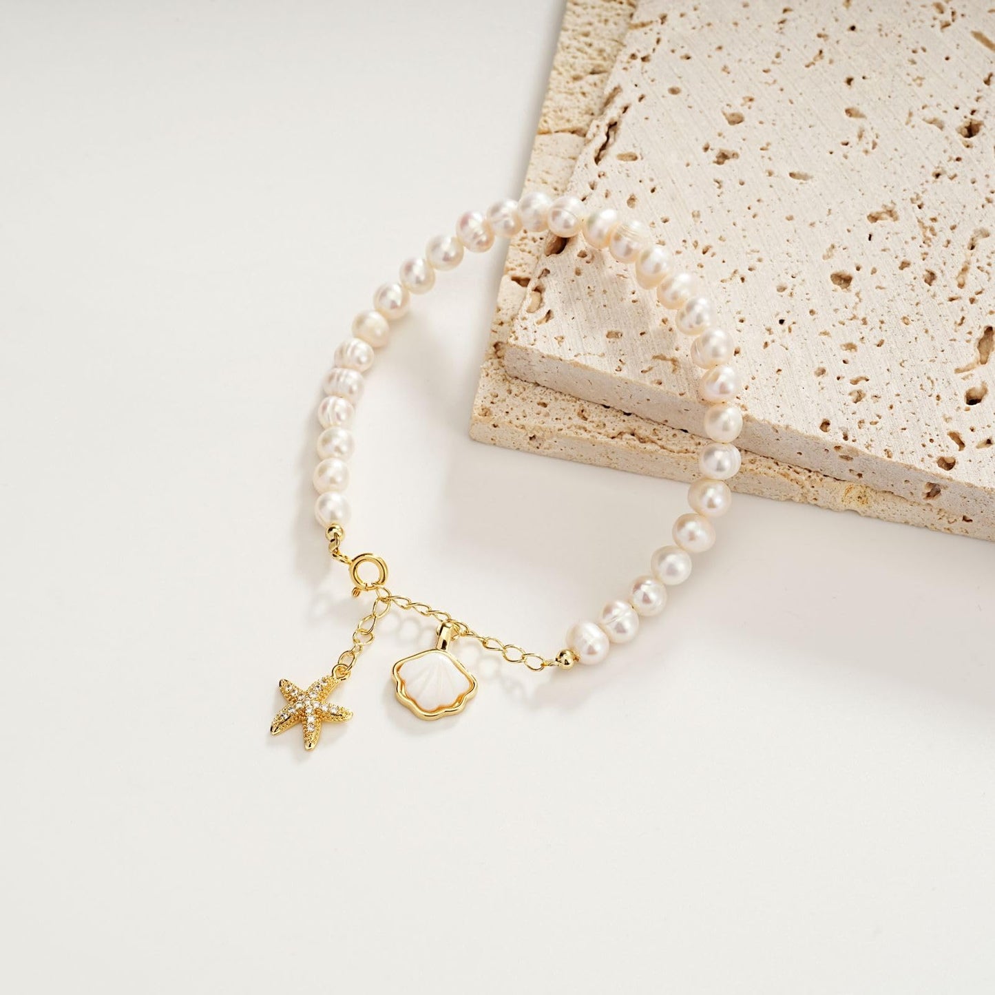 Sylph Baroque Pearl Bracelet for Women Natural Freshwater Pearl Bracelet with Starfish shells Gold Link Chain Bracelet Ladies Wife