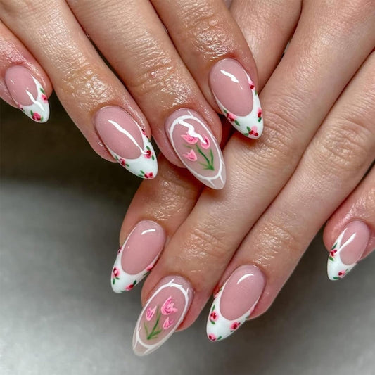 Pink Flower Press on Nails Medium Almond Fake Nails with Pink Tulip Design White French Tip False Nail Spring Full Cover Glossy Stick on Nail For Women Manicure 24 Pcs