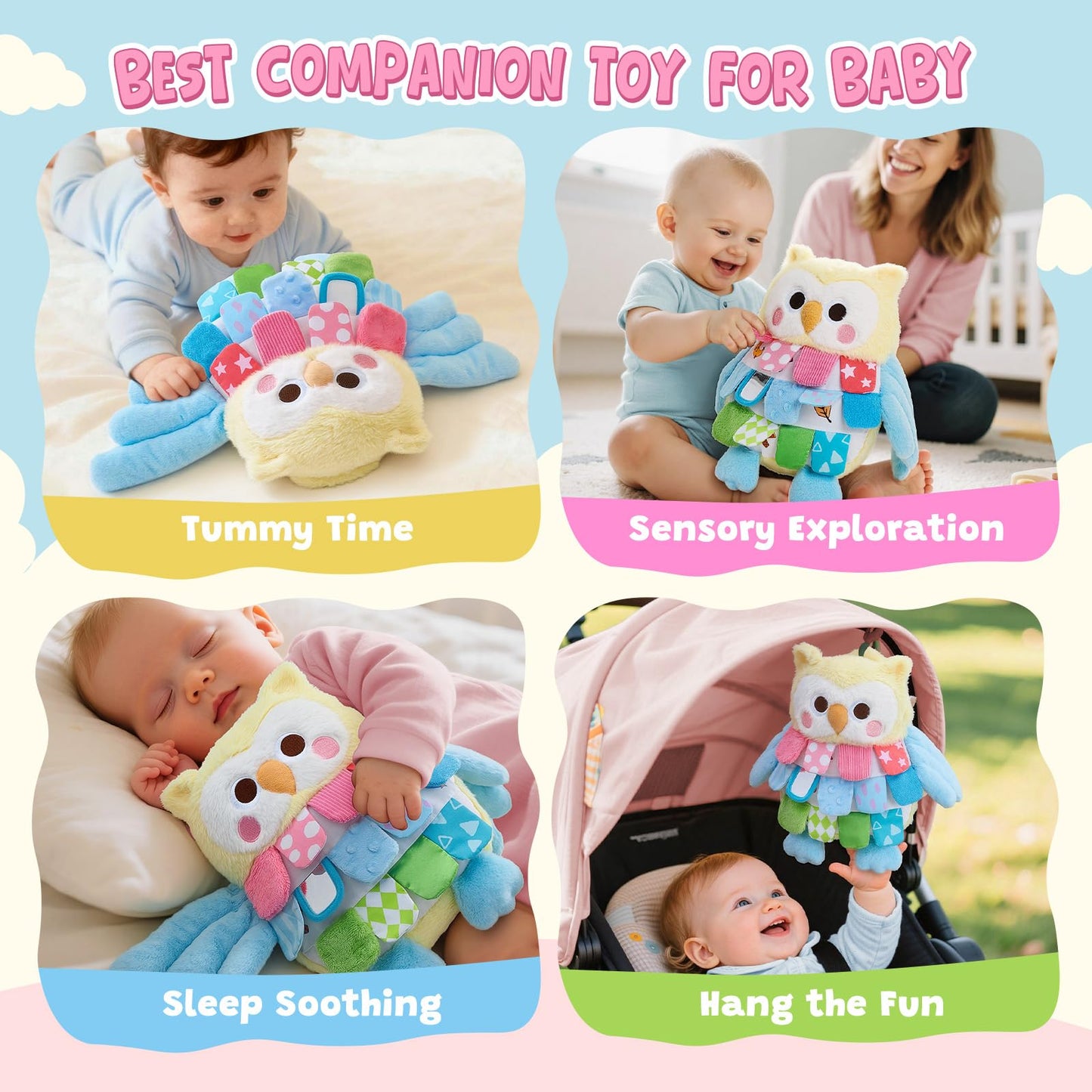 JoyCat Baby Toys 6-12 Months, Soft Baby Beehive with 5 Sensory Bees - Rattle, Crinkle Paper, Squeaker, Mirror + Sensory Owl Stuffed Animal, Soft Tummy Time Toy for Infant with Textured Crinkle Mirror