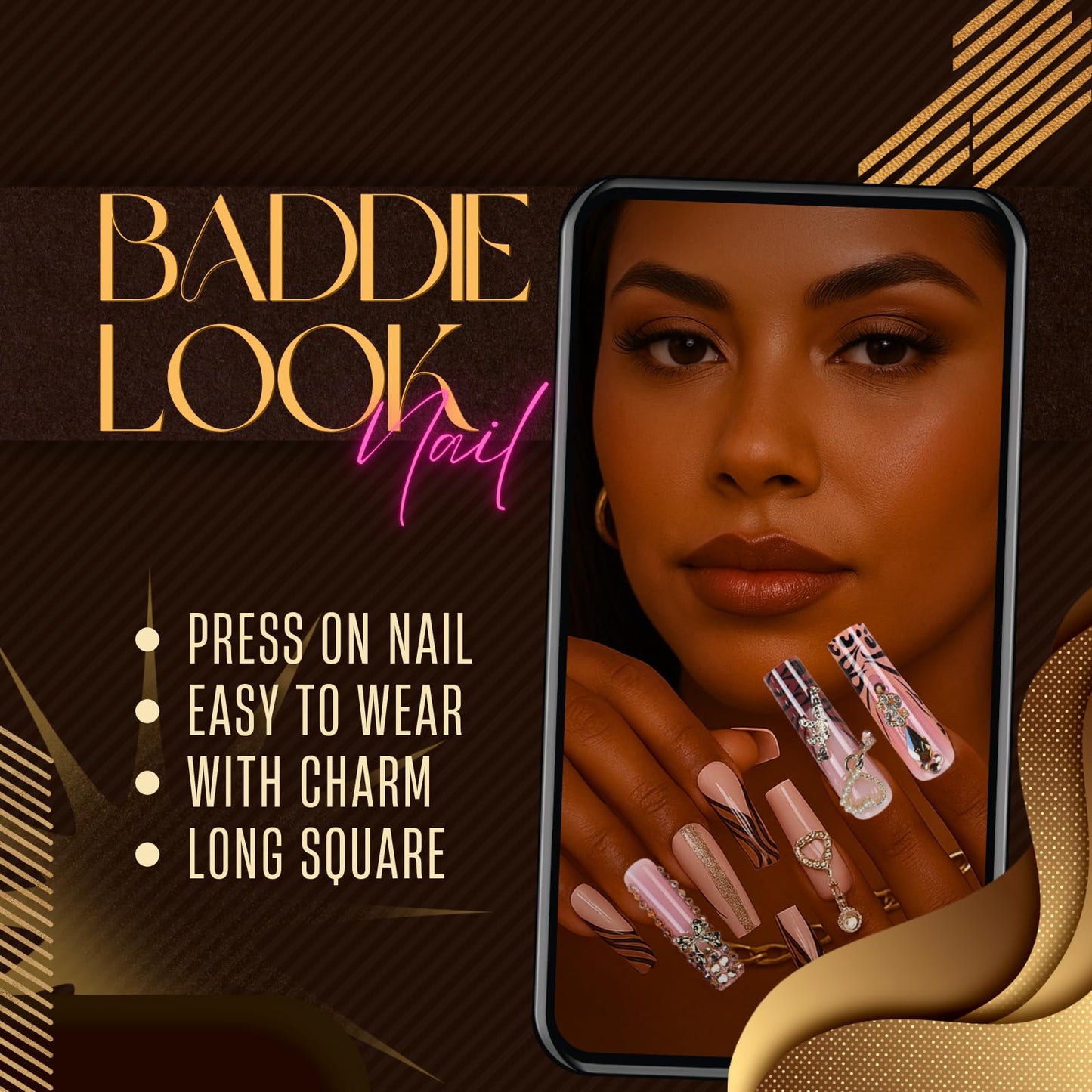 XL Junk Nails Press On – 24Pcs Gold Charm False Nails, French Tip Long Coffin Shape DIY Fake Nails for Women, Bling Rhinestones Nail Kit for Baddie Nail Look (Designs, long pink)