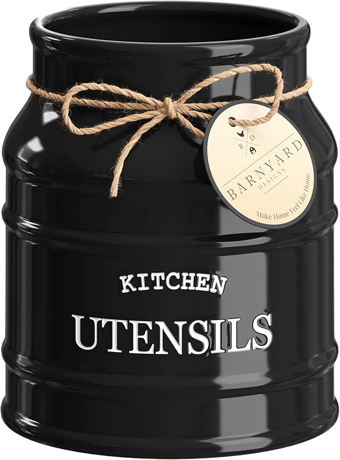 Barnyard Designs Ceramic Farmhouse Utensil Holder for Kitchen Counter, Large Rustic Utensil Crock, Countertop Cooking Tool Spatula Organizer, 6.75â (Black)
