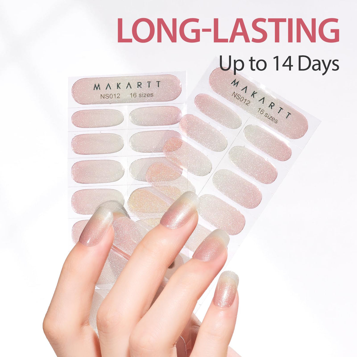 Makartt Semi Cured Gel Nail Strips Kit 2 Packs – Real Gel, Hema & TPO Free, 16 Sizes Anti-Lift Design, UV Required, Long Wear, Dual-Ended Tool & Prep Kit (Nude Fine Glitter)