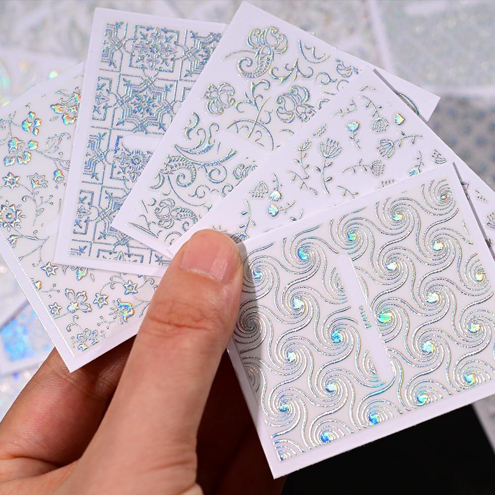 WEIXIWUYU Laser Silver Hollow Retro Floral Vine Nail Art Stickers Laser Silver Lace Design Nail Supplies 3D Self-Adhesive Nail Stickers for Women Girls DIY Manicure Slider Decorations 30 Sheets
