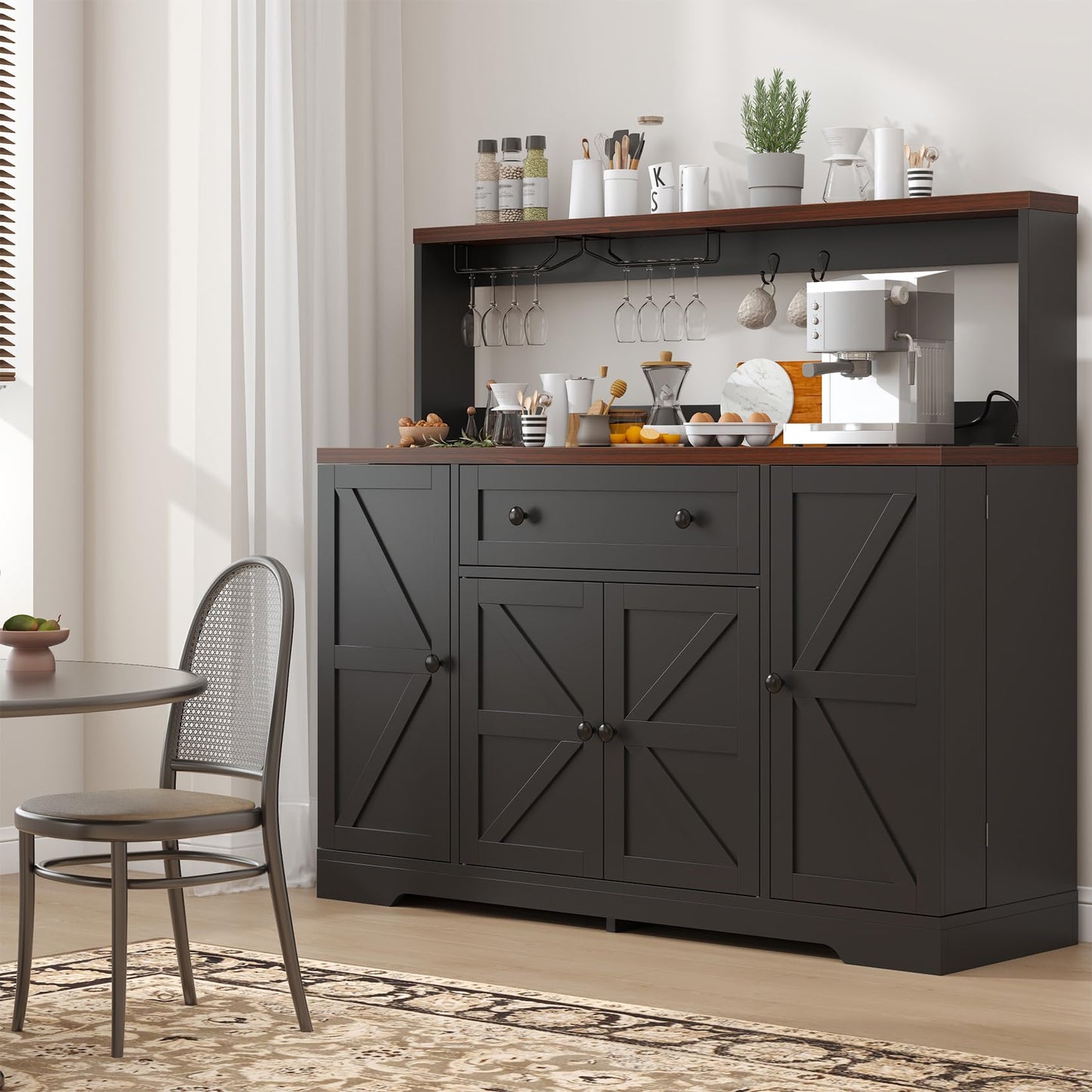 VVFLU Hutch Storage Buffet Cabinet with Drawers, and Charging Station, Coffee Bar Cabinet with Barn Doors, Wine Rack and Hooks, White Wood Sideboard Buffet for Kitchen, Dining Room, 47.8" High