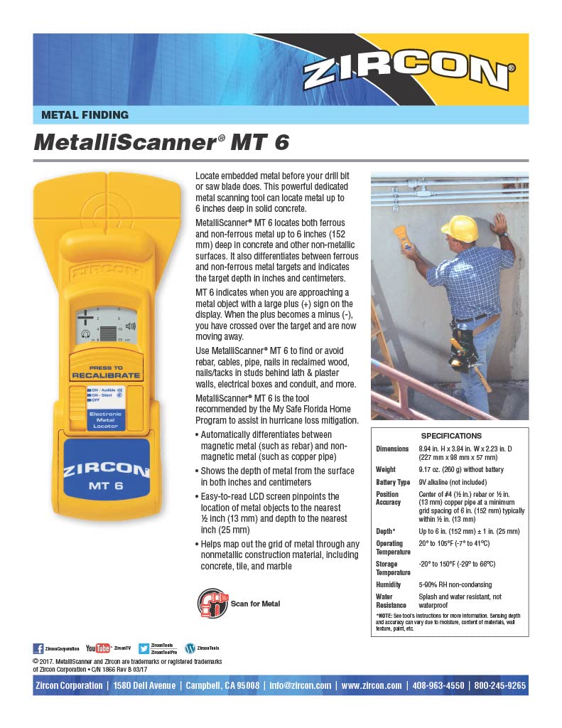 Zircon MetalliScanner MT6 Professional Metal Detector – Deep-Scanning Handheld Metal Locator for Ferrous and Non-Ferrous Metals – Detects Pipes, Rebar, and Studs in Walls, Floors, and Concrete, Yellow