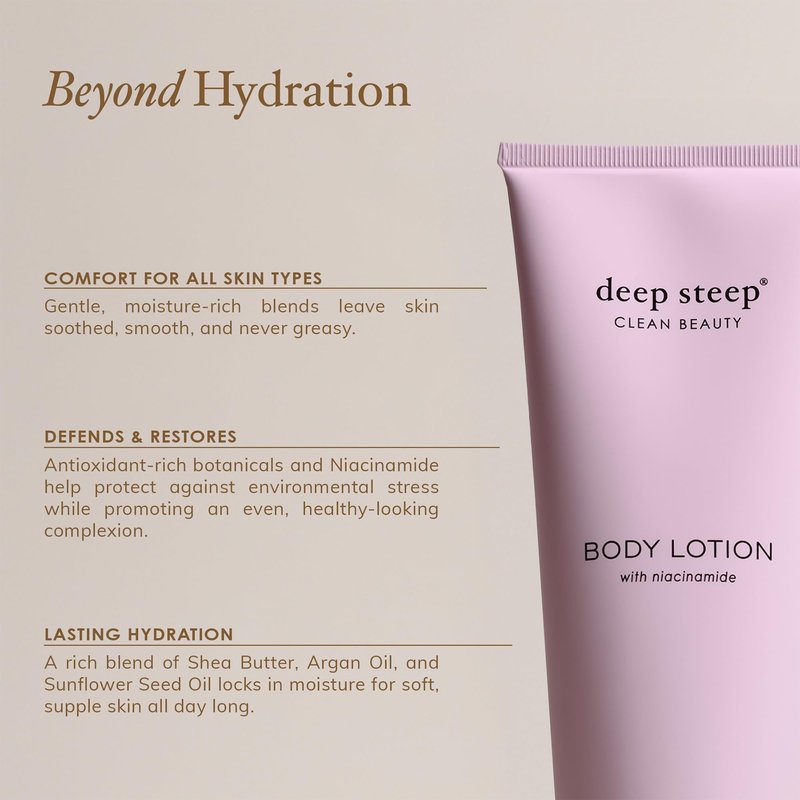 Deep Steep Body Lotion, Lilac Blossom, 8 oz – Moisturizer with Coconut Oil, Shea Butter, Argan Oil, Aloe Vera & Niacinamide – Vegan, Clean Beauty, Daily Skin Hydration