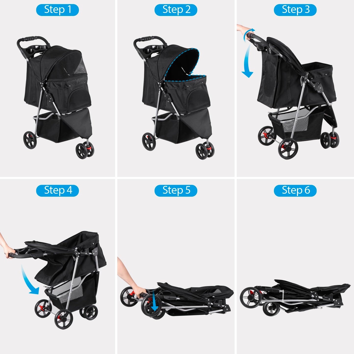 LEMY 3 Wheels Pet Dog Cat Stroller for Small Medium Dogs Cats,Black Foldable Jogger Travel Puppy with Detachable Carrier