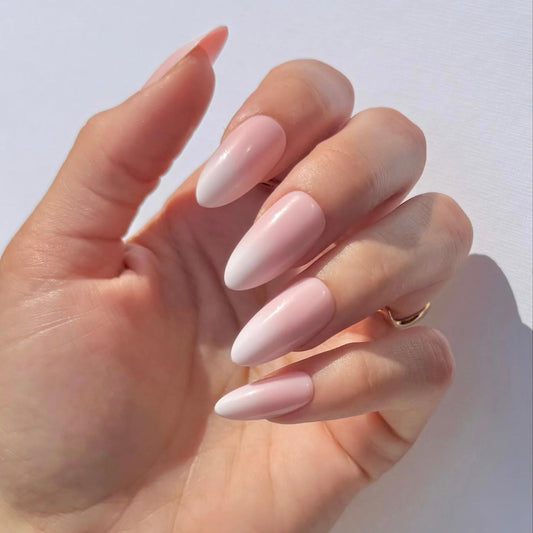 RPNZL Press On Nails - Peony | Ombre French Tip, Long UV Finish Almond Nails, Salon Quality | 32 Nails, 16 Sizes Kit with Glue and Adhesive Tabs I Female Founded