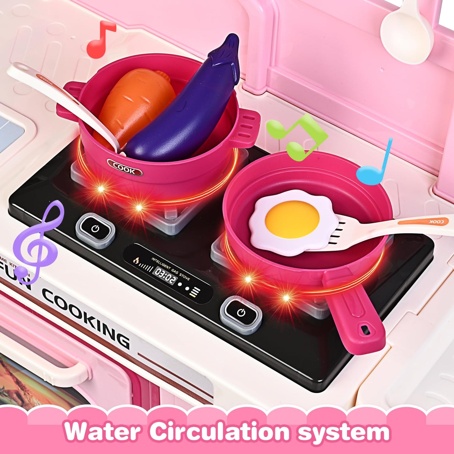 Play Kitchen Set, Kids Kitchen Playset with Realistic Sound & Light, Cooking Stove, Sink, Play Food and Accessories, 57 Pcs Kitchen Toys Gifts for Toddlers 2-4 3-5 Girls (Pink)