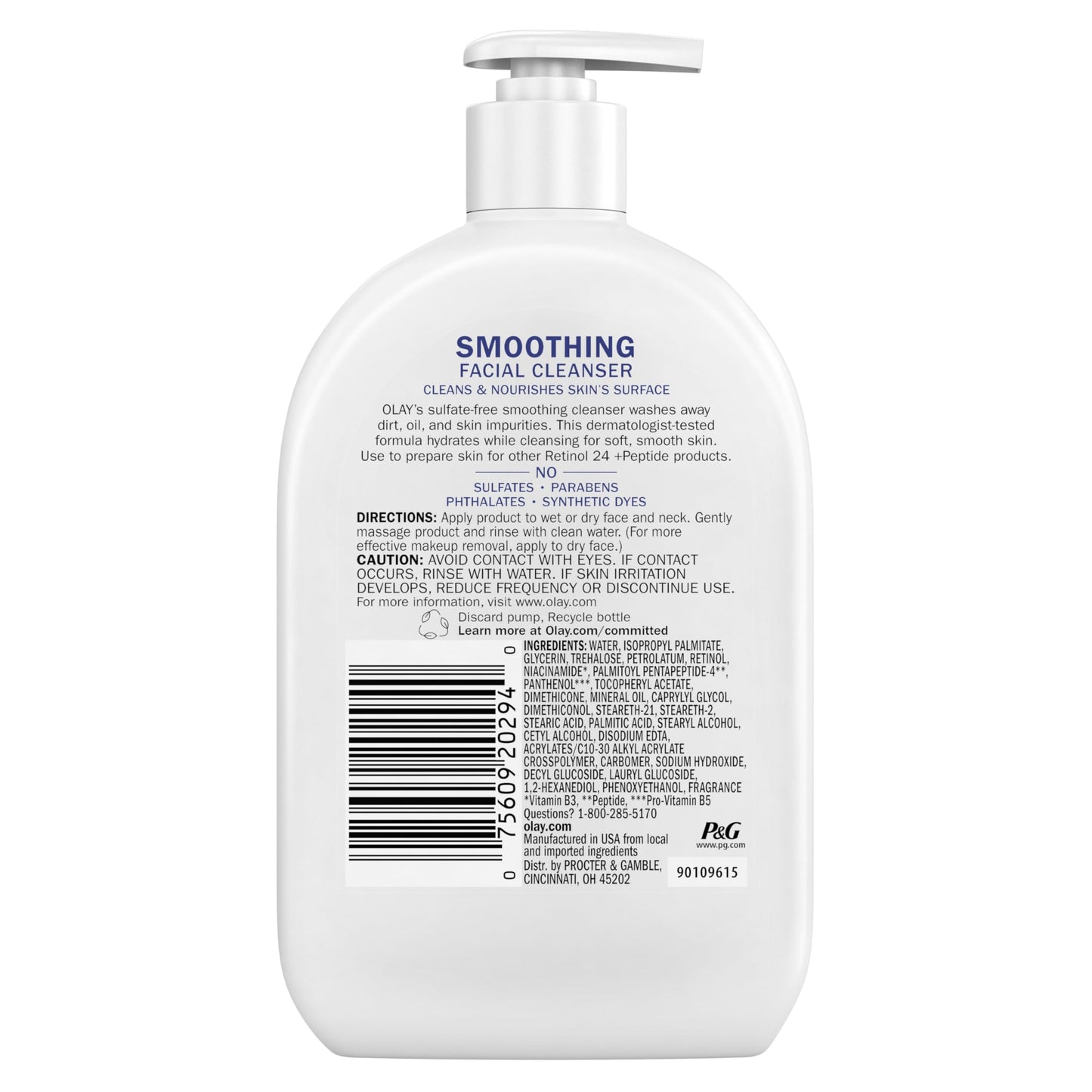 Olay Face Wash,Daily Facial Cleanser with Retinol,Peptides & Glycerin - Smoothing,Noursihes Skin Surface,Hydrates while Cleansing - Sulfate-Free,Paraben-Free,16 Oz,(Pack of 2)