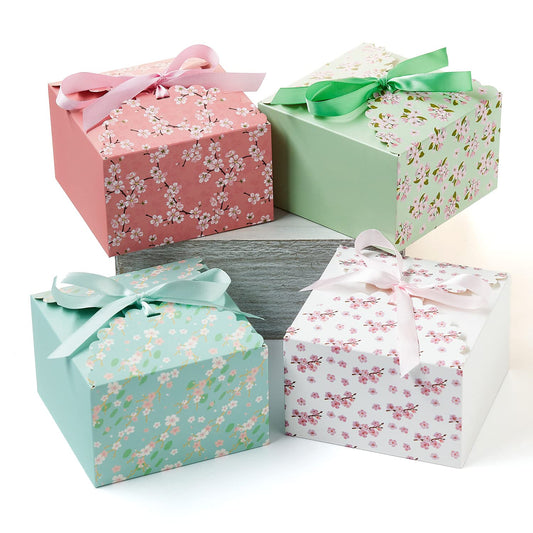 Small Floral Gift Boxes with Lids & Ribbons (20 Pack) 5.8” x 3.7” Empty Decorative Bakery Treat Boxes for Gift Giving, Cookies, Mithai Indian Sweets, Candy, Diwali, Party Favors, Bulk, Square, Return