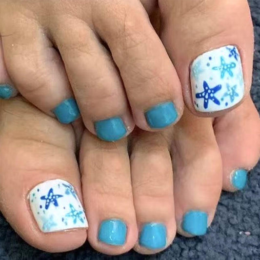 Blue Starfish Press on Toenails Short Square Fake Toe Nails Summer Beach Toenail Press ons Acrylic Toe Nail Tips Reusable Stick on Nails for Women Daily Vacation Manicure 24Pcs