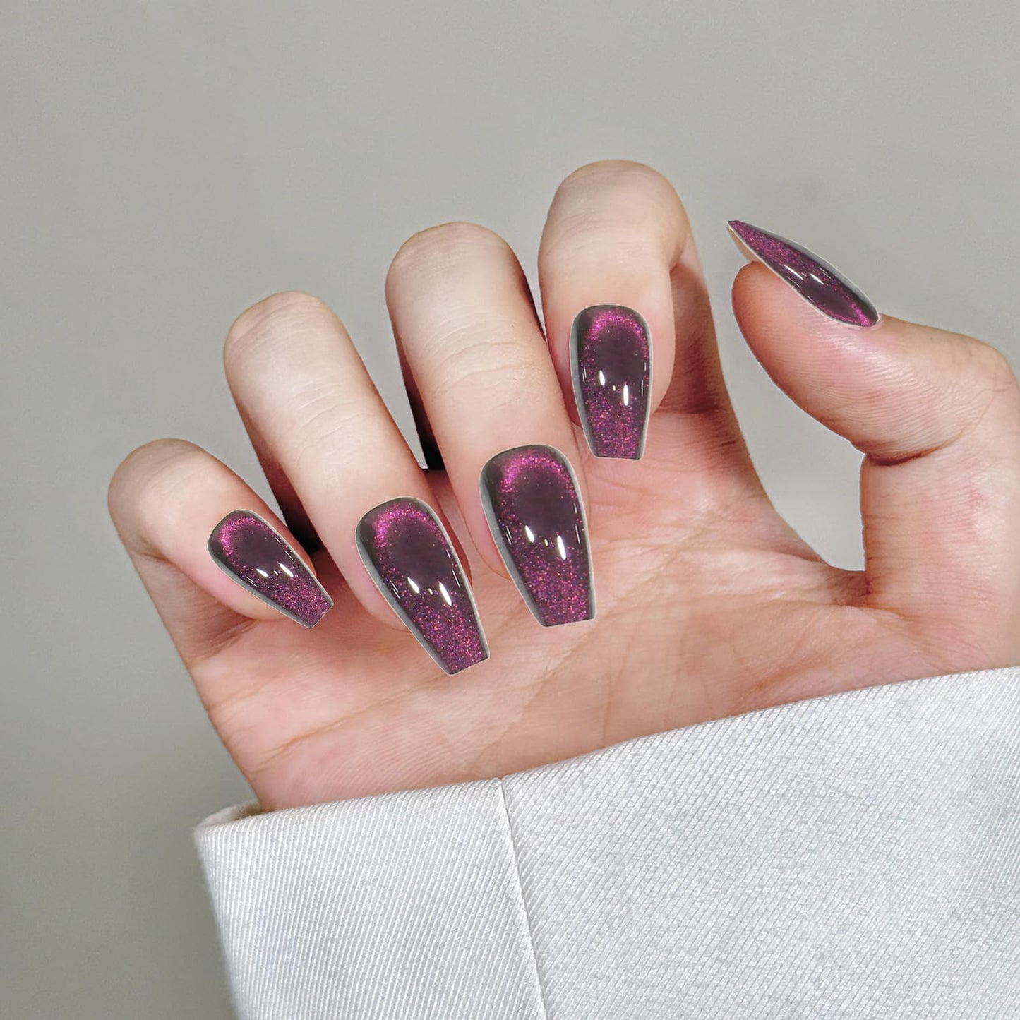 Purple Cat Eyes Press On Nails for Women Girls, 12 Size-24 Pcs Purple Medium Coffin Fake Nails, Skycloud Reusable Stick On False Nails SK0721