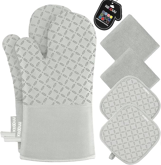 KEGOUU Oven Mitts and Pot Holders 6pcs Set, Kitchen Oven Glove High Heat Resistant 500 Degree Extra Long Oven Mitts and Potholder with Non-Slip Silicone Surface for Cooking ï¼Greenish Garyï¼