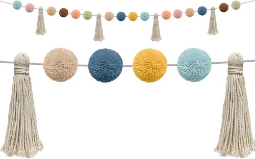 Woven Better Than Paper® Bulletin Board Roll and Teacher Created Resources Everyone is Welcome Pom-Poms and Tassels Garland