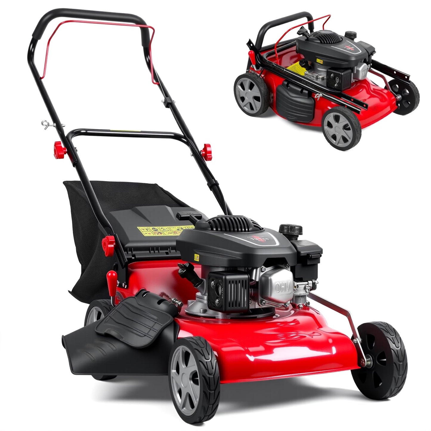 Lawn Mower Gas Powered, Gas Mower with 50l Grass Bag Big Wheels, 131cc Gas Engine 3 in 1 Mulching, Bagging & Side Discharge Self Propelled Walk-Behind Push Mower for Hills 2850RPM (Red)