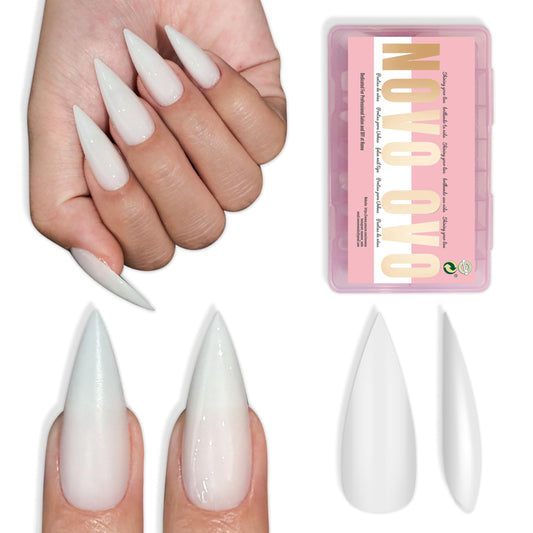 NOVO OVO Medium Long Stiletto Nail Tips (White) - Pure Color Sharp Pointed Soft Gel Fake Nails, Pre-Colored Full Cover Press Ons for Acrylic Extension, 16 Sizes (224 Pcs)