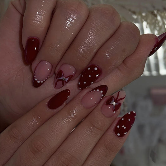 Medium Almond Press on Nails - Wine Red Fake Nails with Bow, Polka Dot Designs False Nail French tip Glue on Nails Reusable Full Cover Stick on Nail for Women Manicure 24Pcs