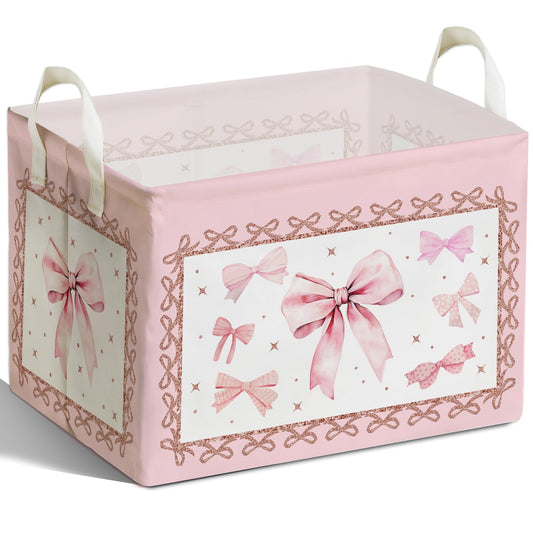 Pink Bow Foldable Storage Box, Waterproof Toy and Clothes Storage Box for Nursery Room, Pink Cute Bow Decorative Fabric Basket for Boys Girls Bedroom, Storage Basket Gifts for Bow Party Decoration