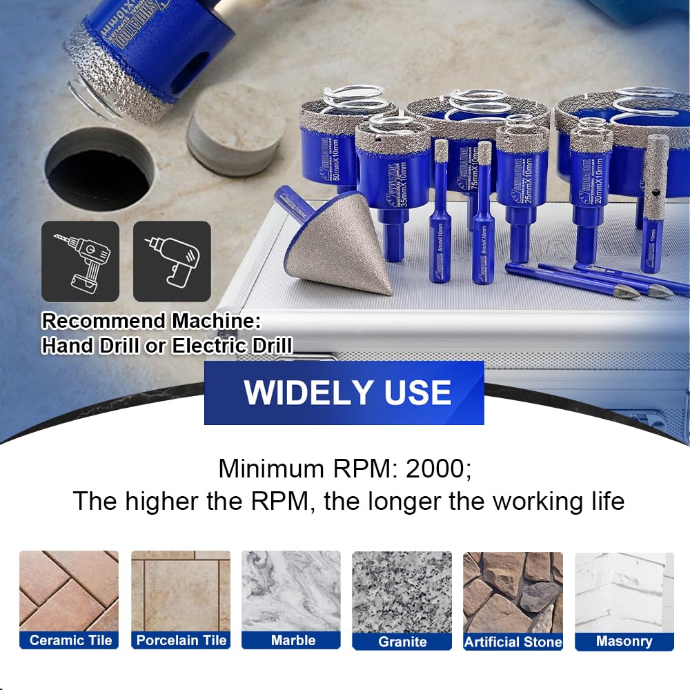 SHDIATOOL Diamond Drill Core Bits Kits, Hole Saw Sets with Triangle Shank for Drilling Porcelain Tile Marble Ceramic Granite on Drill Machine 13pcs（6/6/20/25/35/50/75/100MM/2/10MM/6/6/6mm）