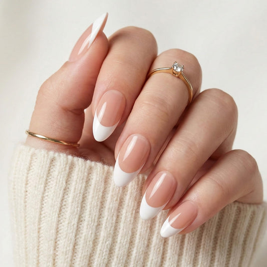 Bioday French Tip Press on Nails Medium Almond, Soft Gel Glossy Fake Nails Press on with Glue, 30Pcs Reusable Stick on Nails in 15 Sizes, Salon Quality False Nails for Women Spring Vacation DIY Gift