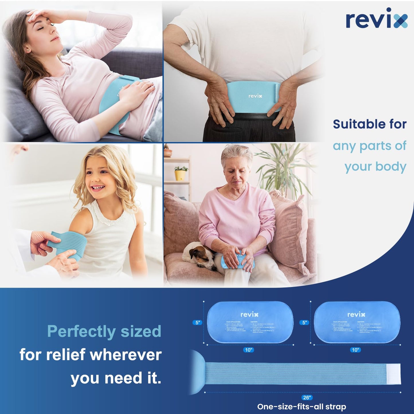 REVIX Ice Packs for Injuries Reusable, 2 Packs Hot and Cold Pack with Adjustable Strap, Flexible Ice Wraps for Joints and Muscle, Rotator Cuff, Back, Knee Discomfort Relief (10" x 5"" Blue)"
