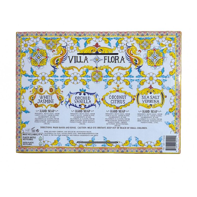 Home and Body Company Hand Soap Villa Flora Collection 16 FL/473ml Bottles infused with Essential Oils (SET OF 4) Sea Salt Verbena, Coconut Citrus, Orchid Vanilla, and White Jasmine