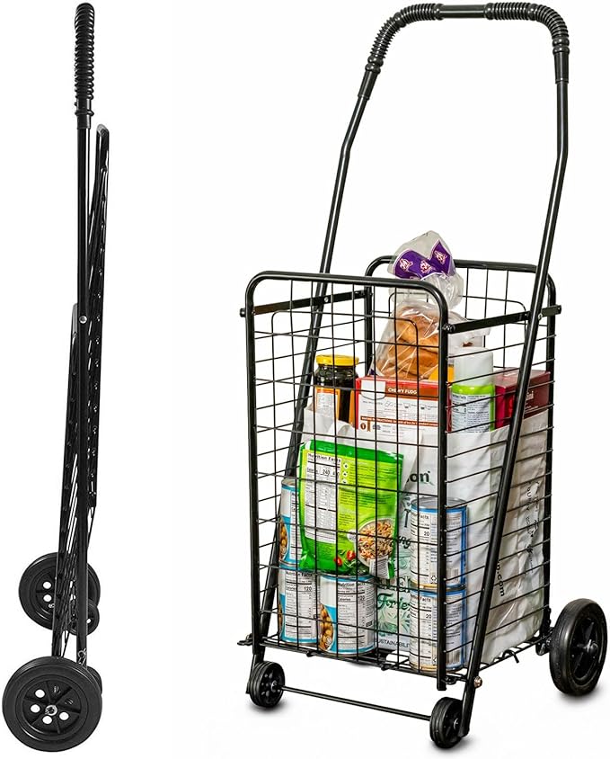 DMI Utility Cart with Wheels to be used for Shopping, Grocery, Laundry and Stair Climber Cart, Weighs 7.5 Pounds but holds up to 90 Pounds, Compact and Foldable, Black