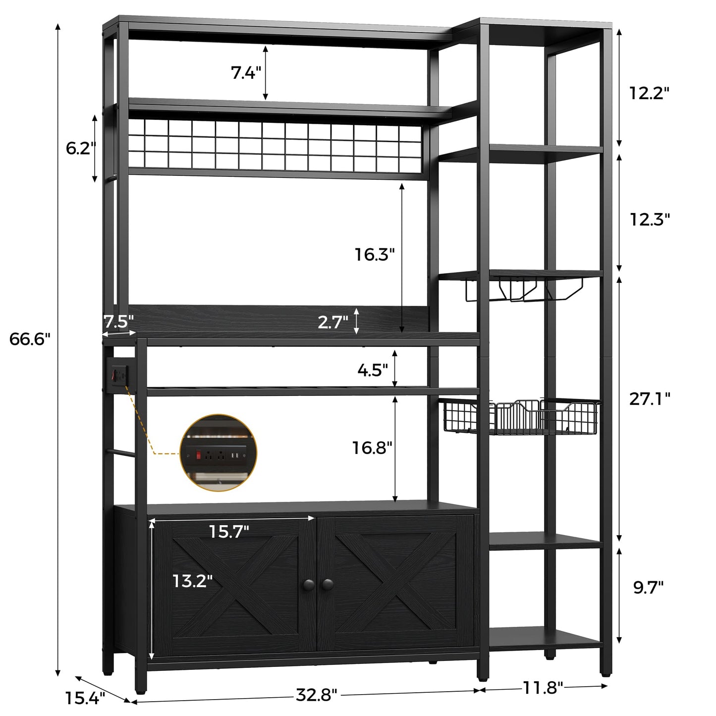 IRONCK Bakers Rack with Power Outlet, Kitchen Microwave Stand with Storage Cabinet, 47.24 Inch Coffee Bar Cabinet, Kitchen Racks with Shelves, LED Light, Globlet Holder and Wine Basket, Black