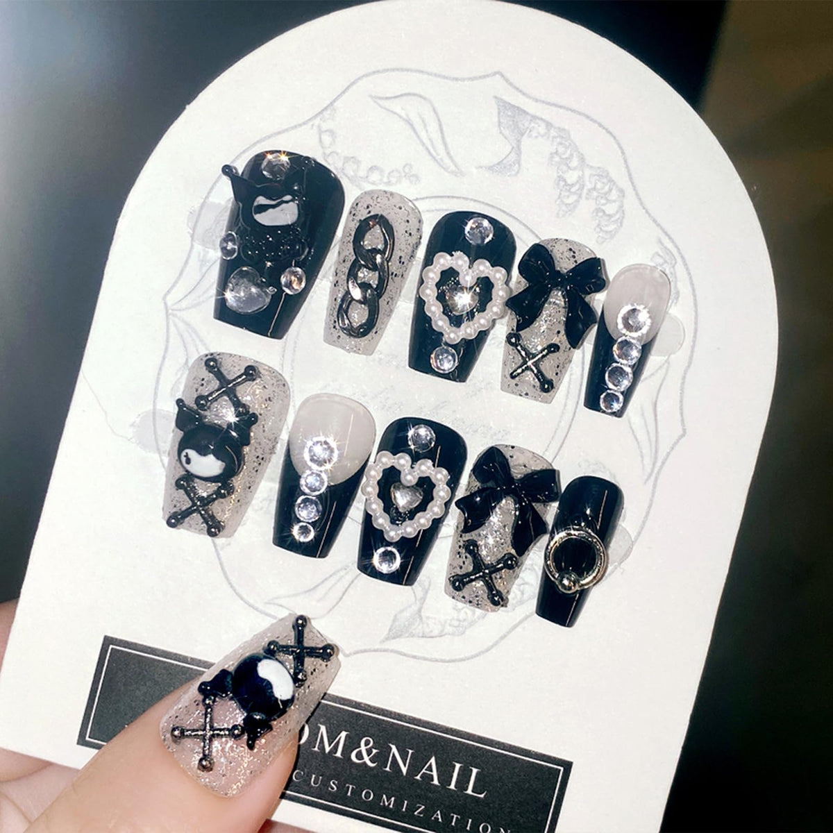IMSOHOT Black Press on Nails Medium Coffin Fake Nails French Glossy Full Cover Y2K Bow & Rhinestone Designs Handmade Artificial Stick on Ballerina Nails for Women Girls 24Pcs